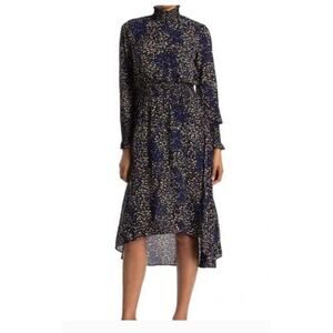 Nanette Lepore Smocked Blue/Yellow Long Sleeve Midi Dress Sz 12 Large High Neck